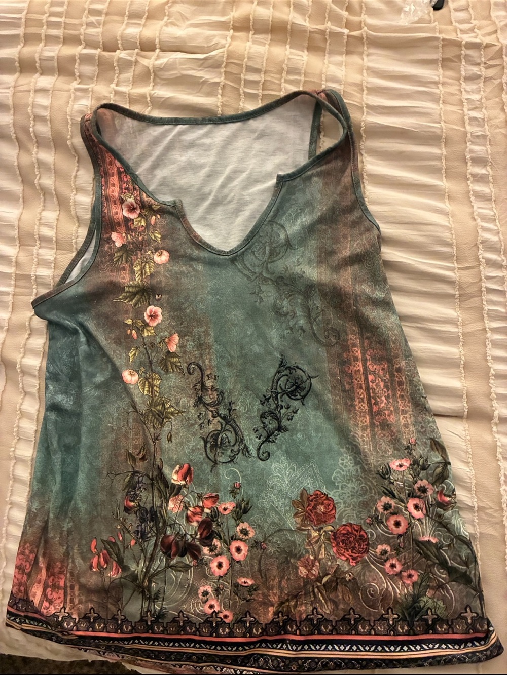 SHEIN Teal Floral V-Neck Tank with Pink Accents
